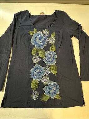 Grandmom, cross stitch, cottage core J. Jill Navy Long-Sleeve Top